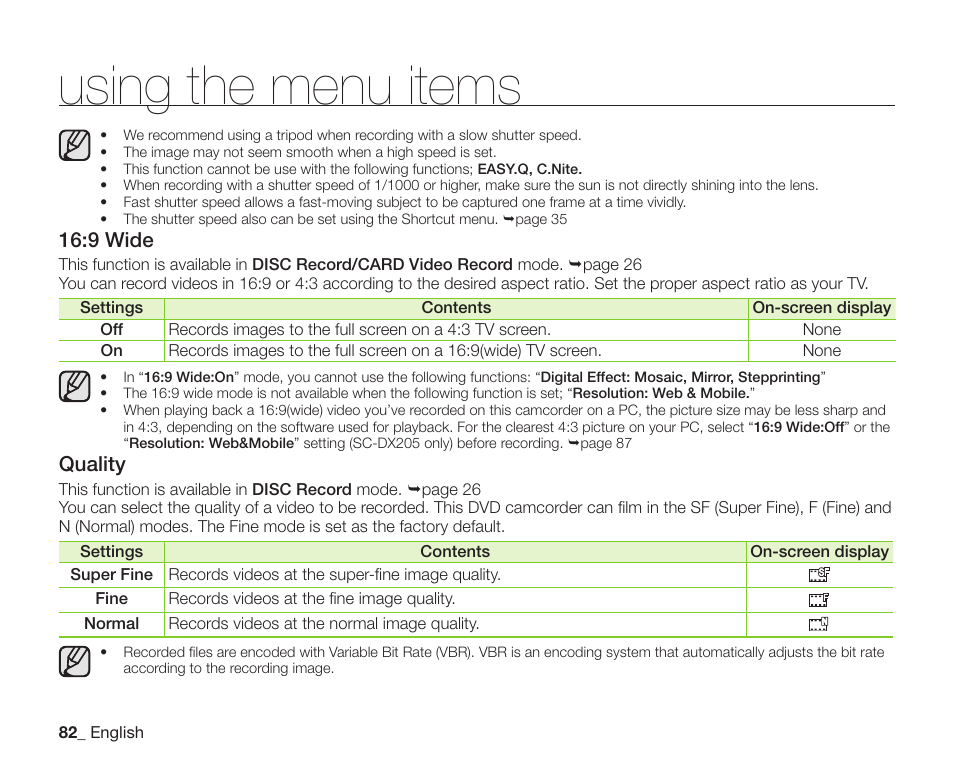 Using the menu items, 9 wide, Quality | Samsung SC-DX200 User Manual | Page 96 / 147