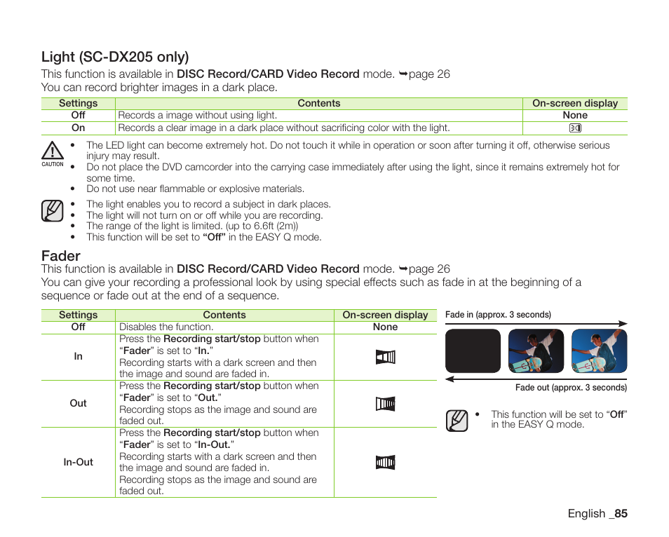 Light (sc-dx205 only), Fader | Samsung SC-DX200 User Manual | Page 99 / 147