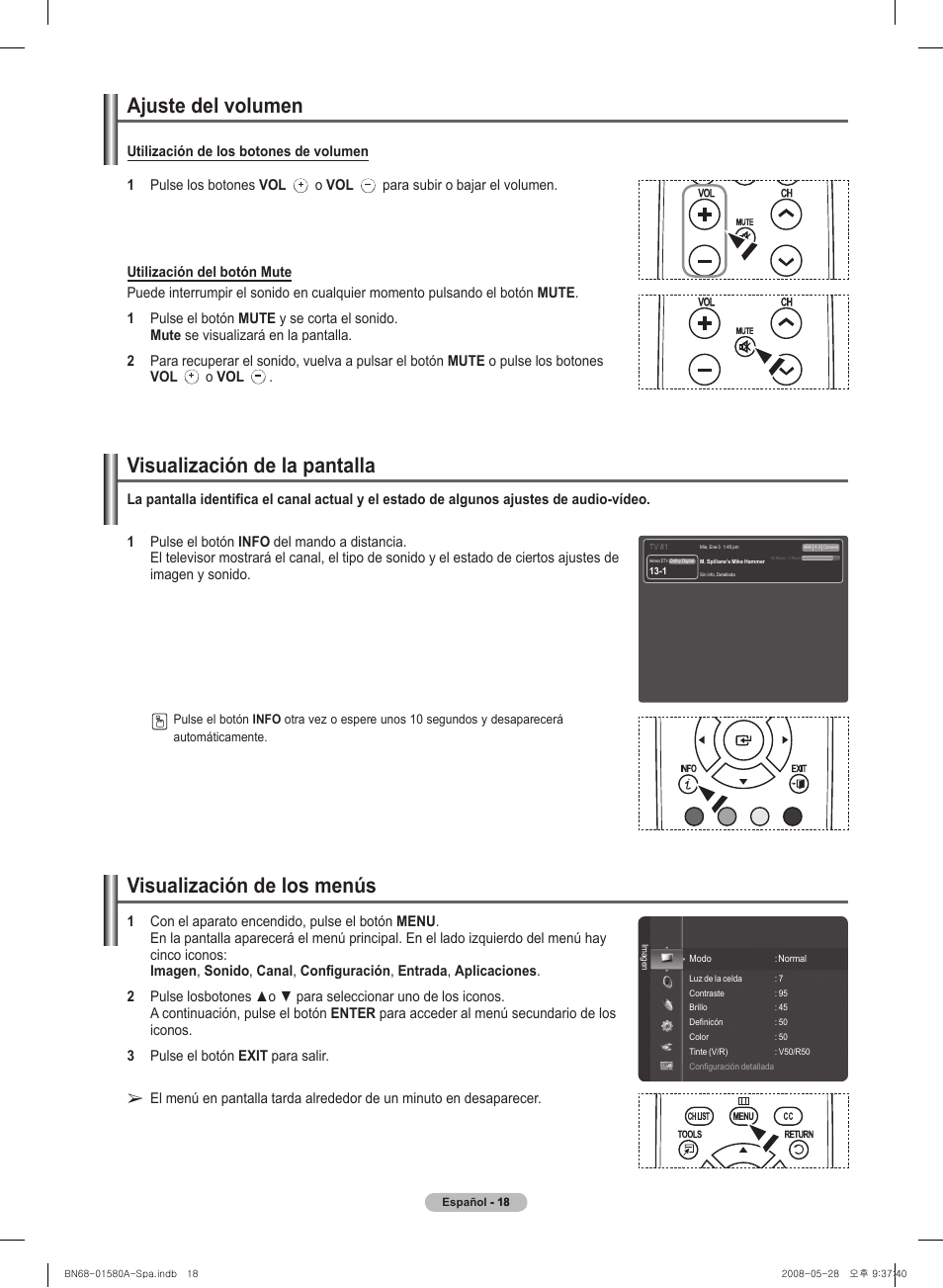 Ajuste del� vol�umen, Visual�ización de l�os menús, Visual�ización de l�a pantal�l�a | Samsung 510 User Manual | Page 102 / 162