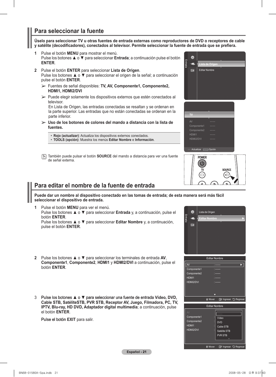 Para sel�eccionar l�a fuente, Para editar el� nombre de l�a fuente de entrada | Samsung 510 User Manual | Page 105 / 162