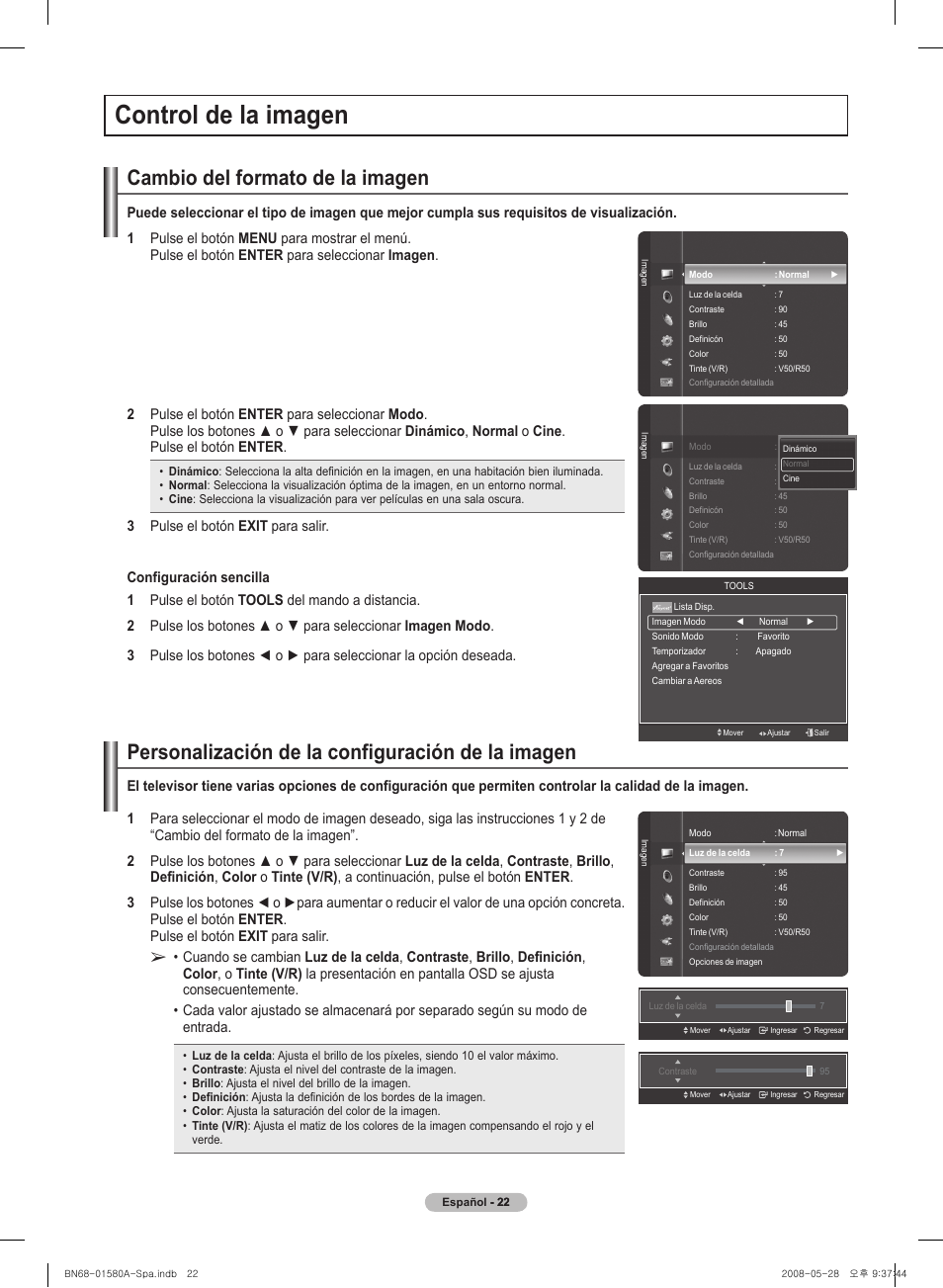 Control� de l�a imagen, Cambio del� formato de l�a imagen | Samsung 510 User Manual | Page 106 / 162