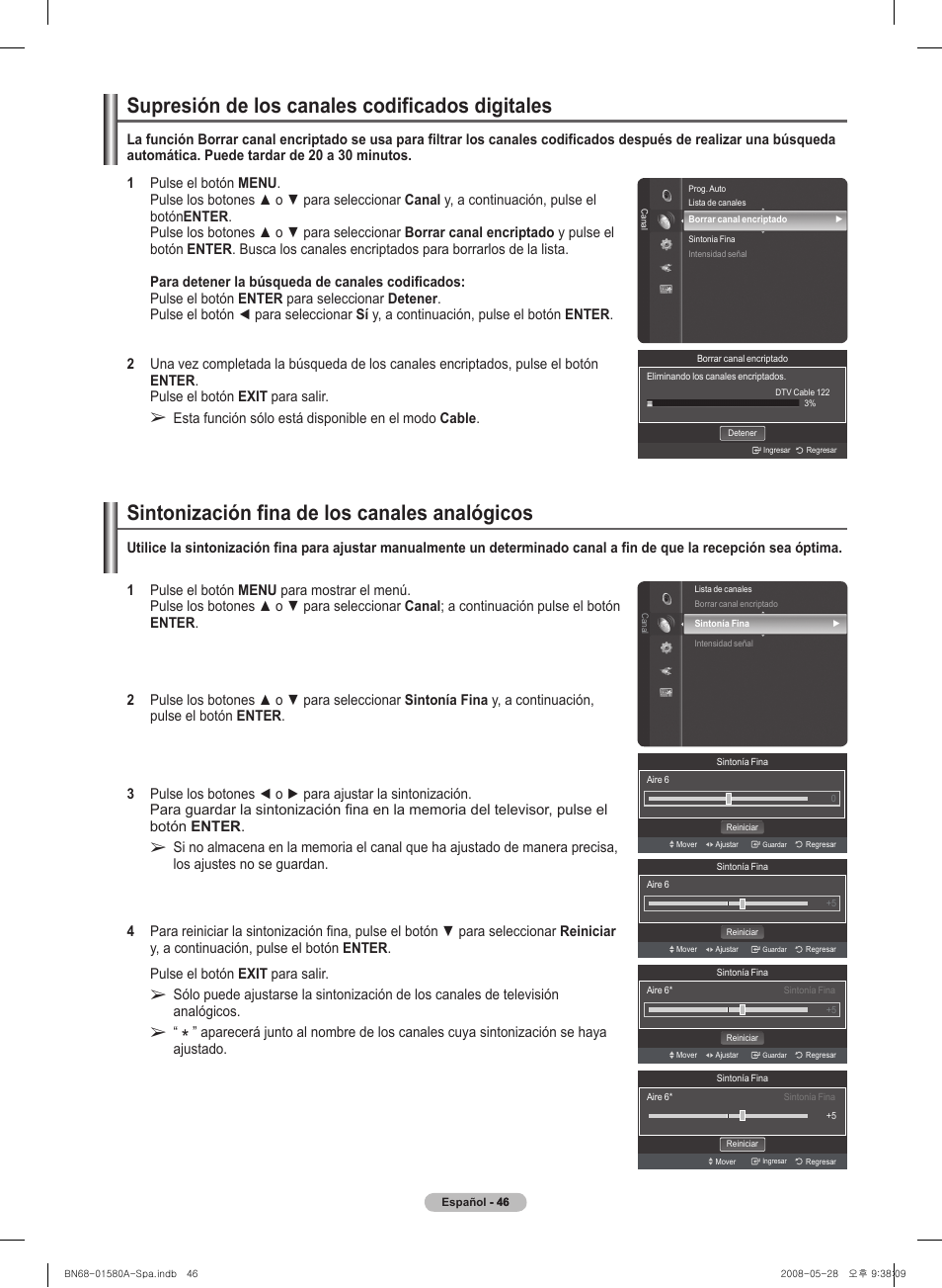 Supresión de l�os canal�es codificados digital�es, Sintonización fina de l�os canal�es anal�ógicos | Samsung 510 User Manual | Page 130 / 162