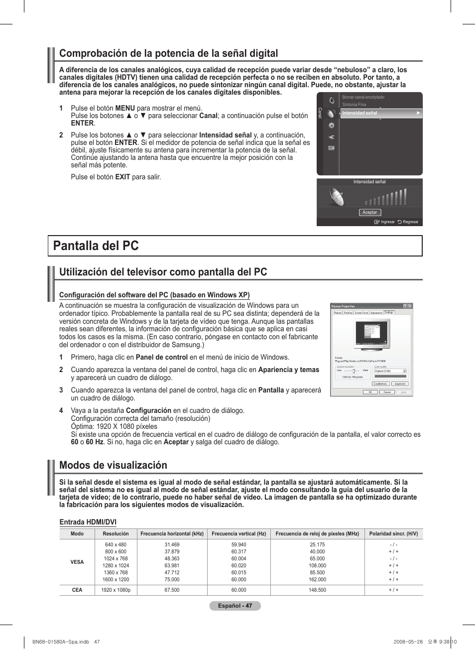 Pantal�l�a del� pc, Comprobación de l�a potencia de l�a señal� digital, Modos de visual�ización | Samsung 510 User Manual | Page 131 / 162