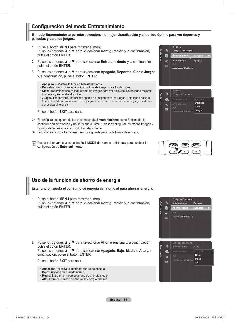 Uso de l�a función de ahorro de energía, Configuración del� modo entretenimiento | Samsung 510 User Manual | Page 148 / 162