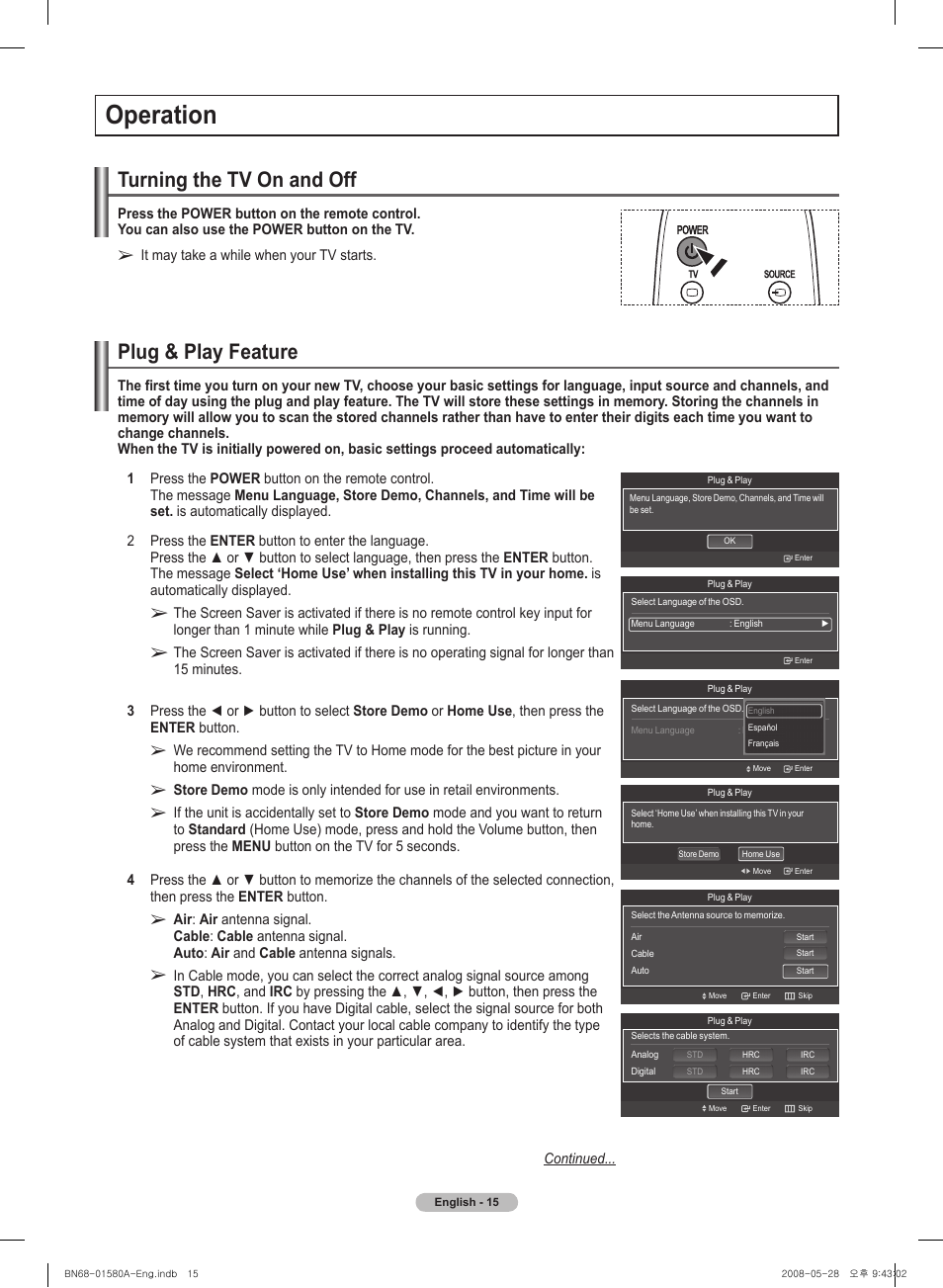 Operation, Turning the tv on and off, Plug & play feature | Samsung 510 User Manual | Page 15 / 162