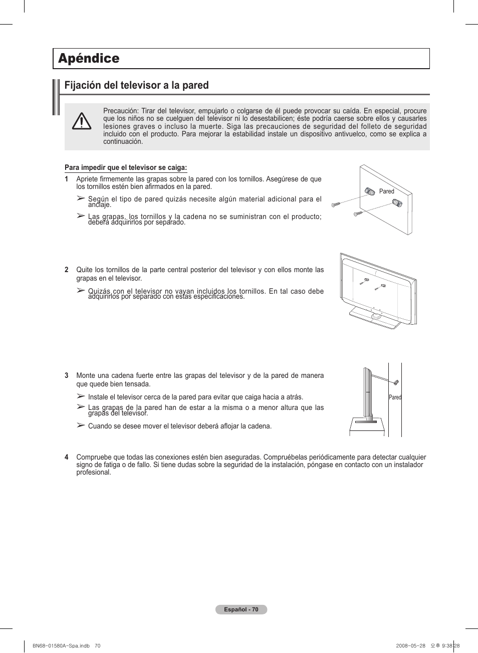 경고 주의 경고 주의, Apéndice, Fijación del� tel�evisor a l�a pared | Samsung 510 User Manual | Page 154 / 162