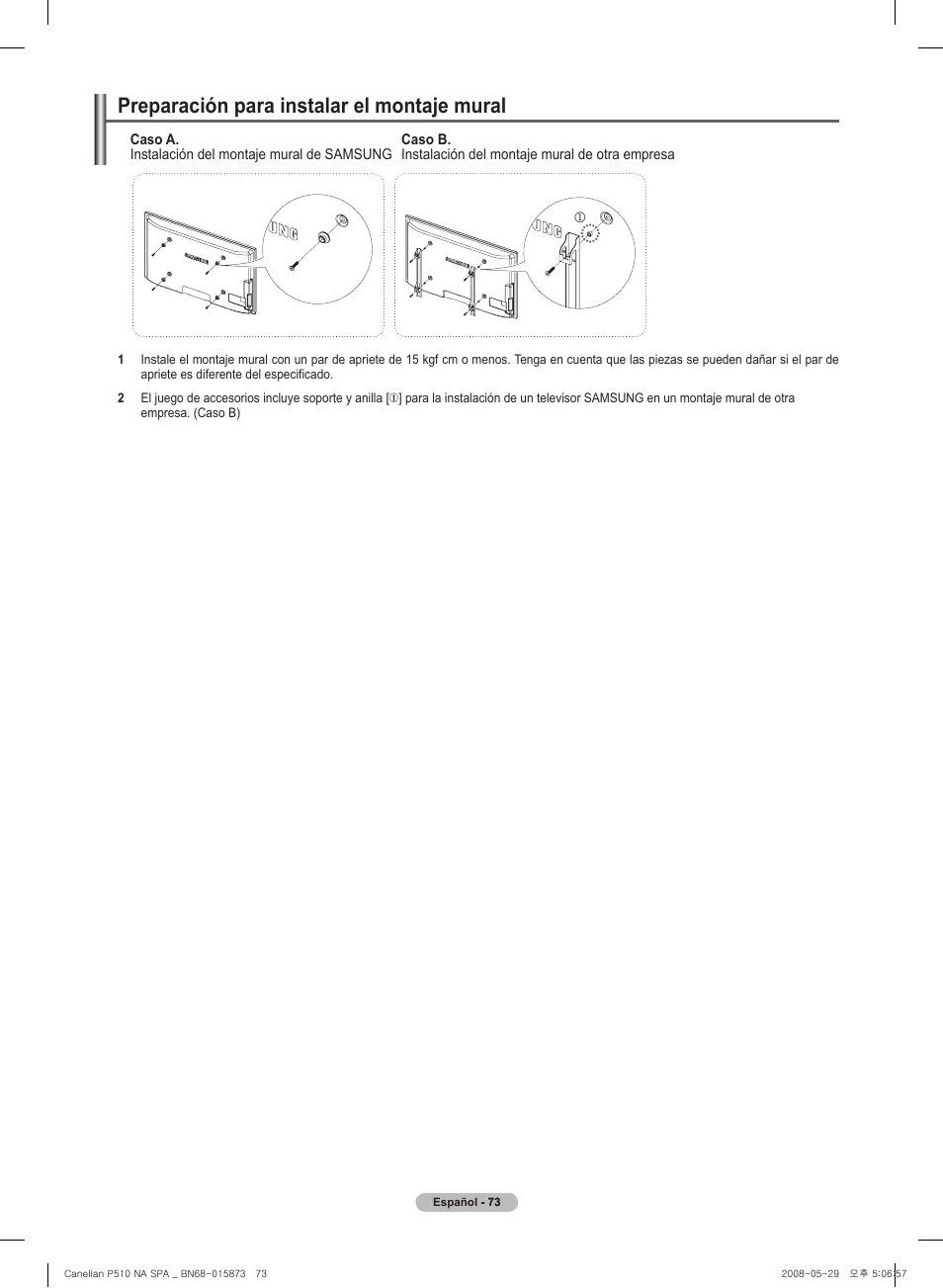 Preparación para instal�ar el� montaje mural | Samsung 510 User Manual | Page 157 / 162