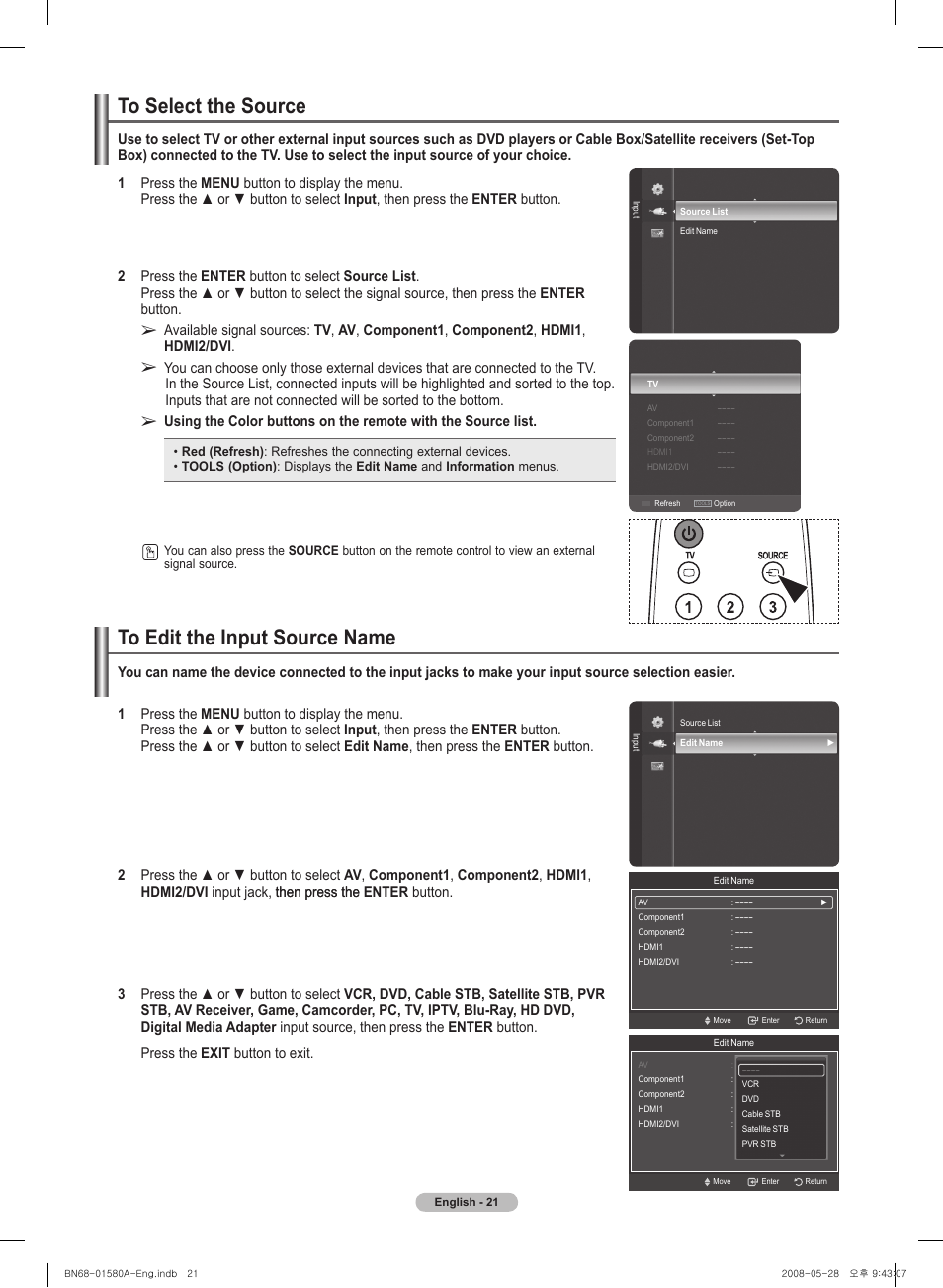 To select the source, To edit the input source name | Samsung 510 User Manual | Page 21 / 162