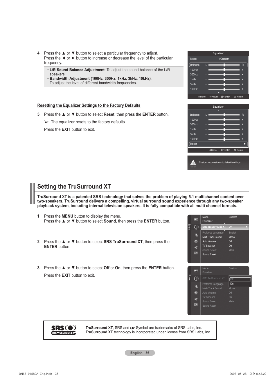 Setting the trusurround xt | Samsung 510 User Manual | Page 36 / 162