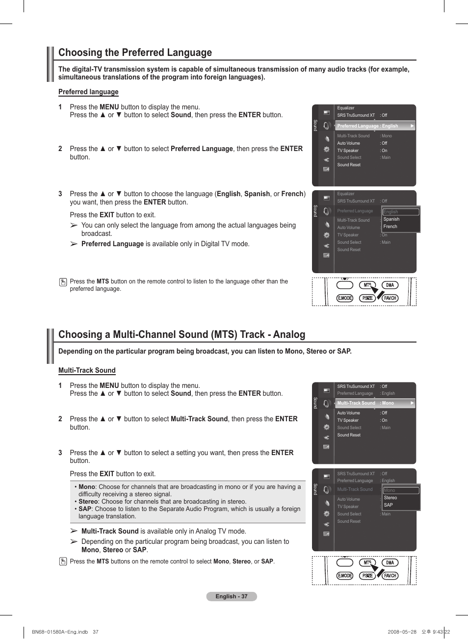 Choosing the preferred language | Samsung 510 User Manual | Page 37 / 162