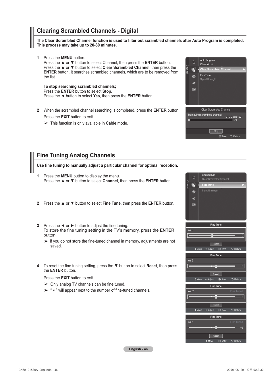 Clearing scrambled channels - digital, Fine tuning analog channels | Samsung 510 User Manual | Page 46 / 162