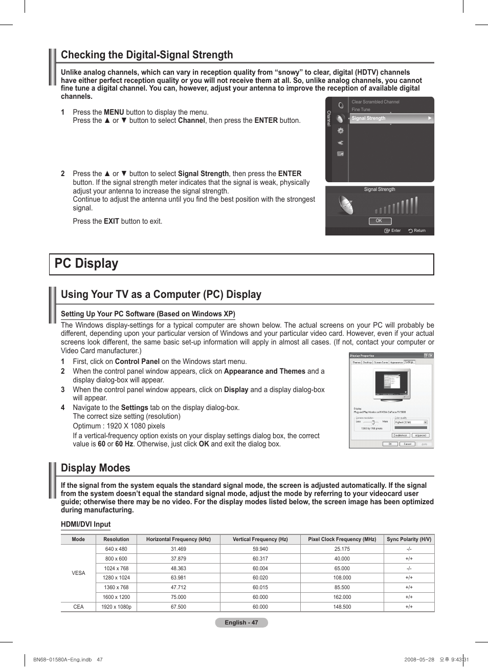 Checking the digital-signal strength, Pc display, Using your tv as a computer (pc) display | Display modes | Samsung 510 User Manual | Page 47 / 162