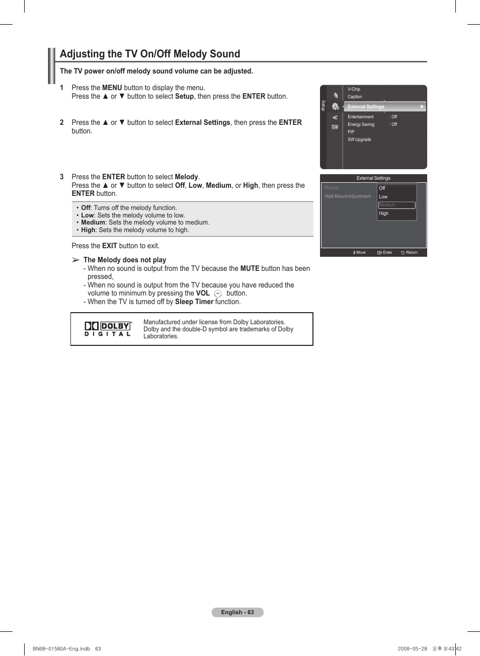 Adjusting the tv on/off melody sound | Samsung 510 User Manual | Page 63 / 162