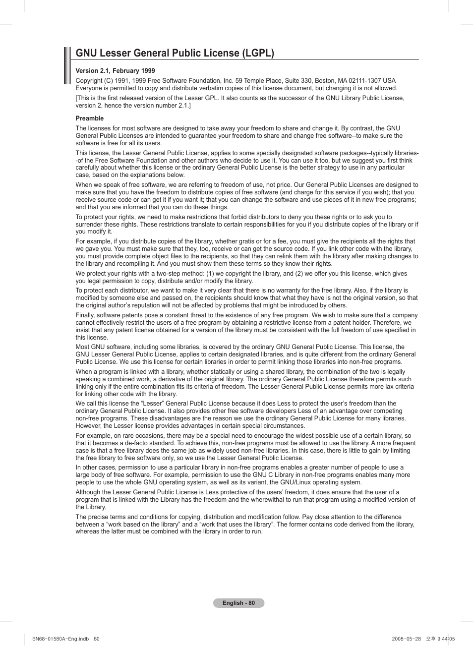 Gnu lesser general public license (lgpl) | Samsung 510 User Manual | Page 80 / 162