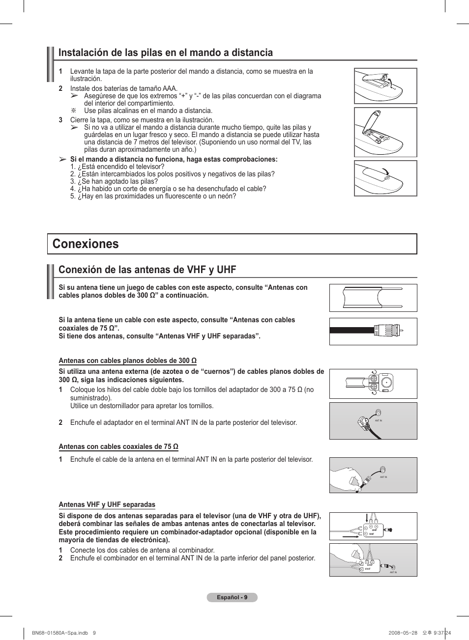 Conexiones, Conexión de l�as antenas de vhf y uhf | Samsung 510 User Manual | Page 93 / 162