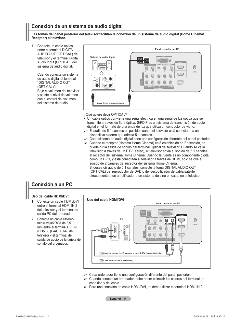 Conexión de un sistema de audio digital, Conexión a un pc | Samsung 510 User Manual | Page 98 / 162