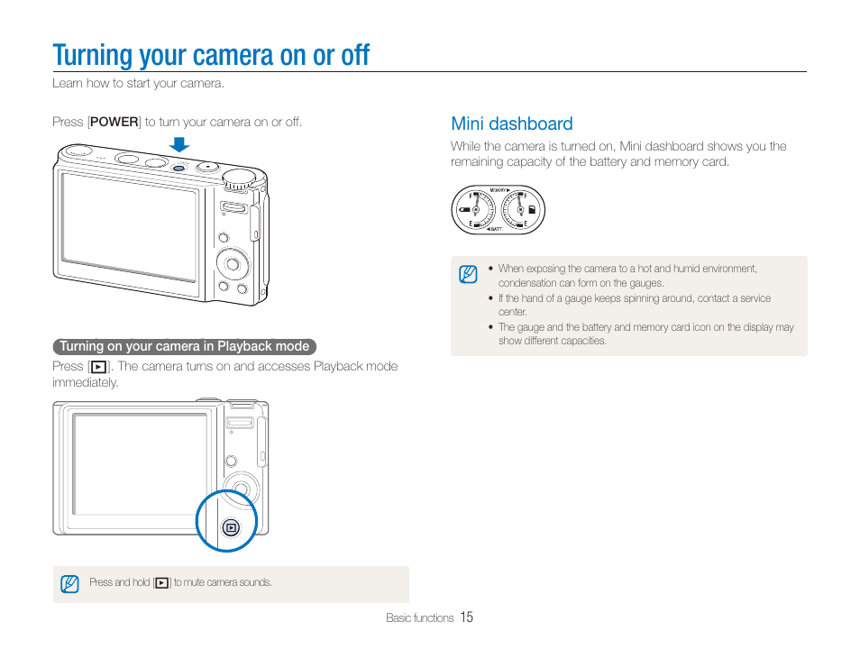 Turning your camera on or off, Mini dashboard, Mini dashboard ……………………………………………… 15 | Samsung TL320 User Manual | Page 16 / 102
