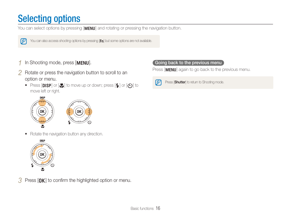 Selecting options | Samsung TL320 User Manual | Page 17 / 102