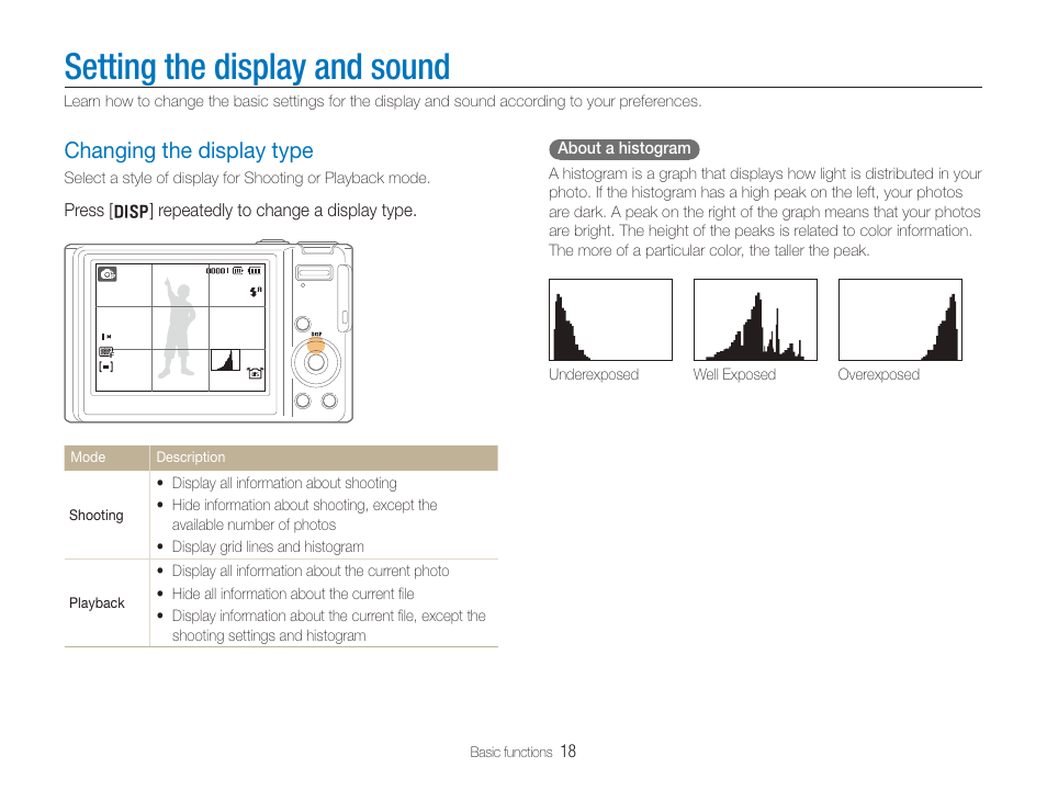 Setting the display and sound, Changing the display type, Changing the display type ………………………………… 18 | Samsung TL320 User Manual | Page 19 / 102
