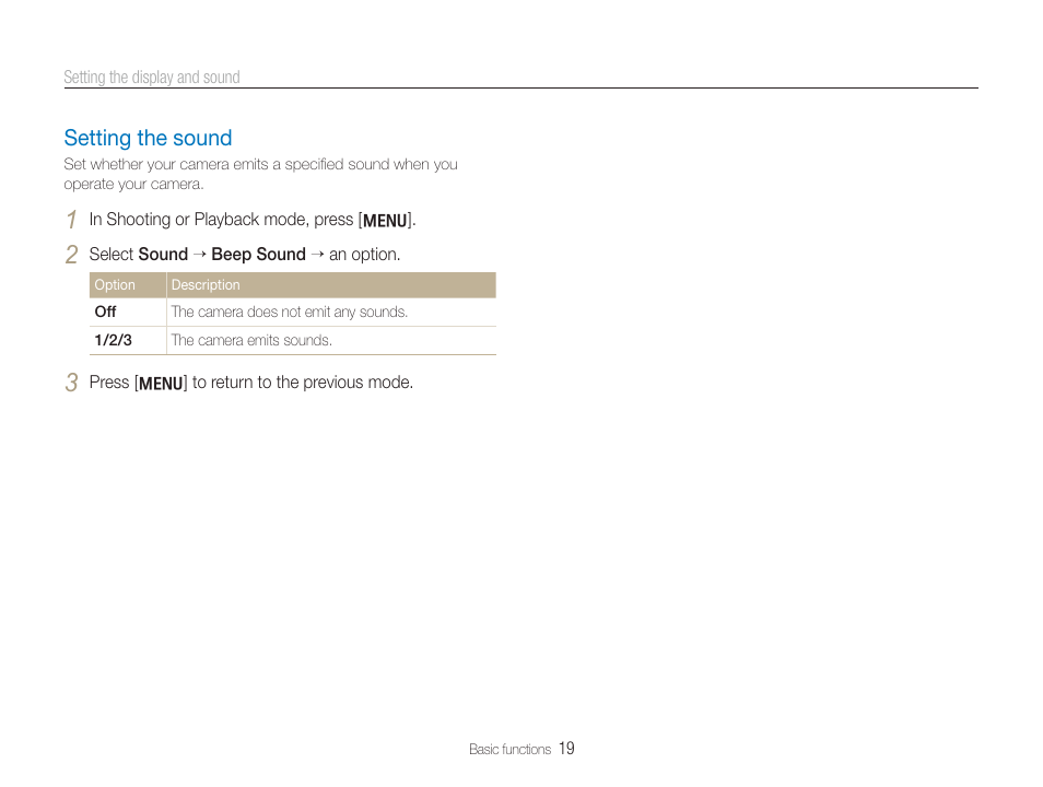 Setting the sound, Setting the sound …………………………………………… 19 | Samsung TL320 User Manual | Page 20 / 102