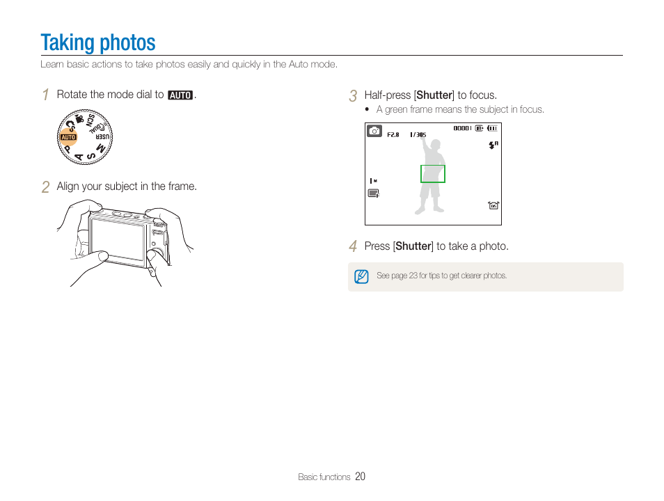Taking photos | Samsung TL320 User Manual | Page 21 / 102