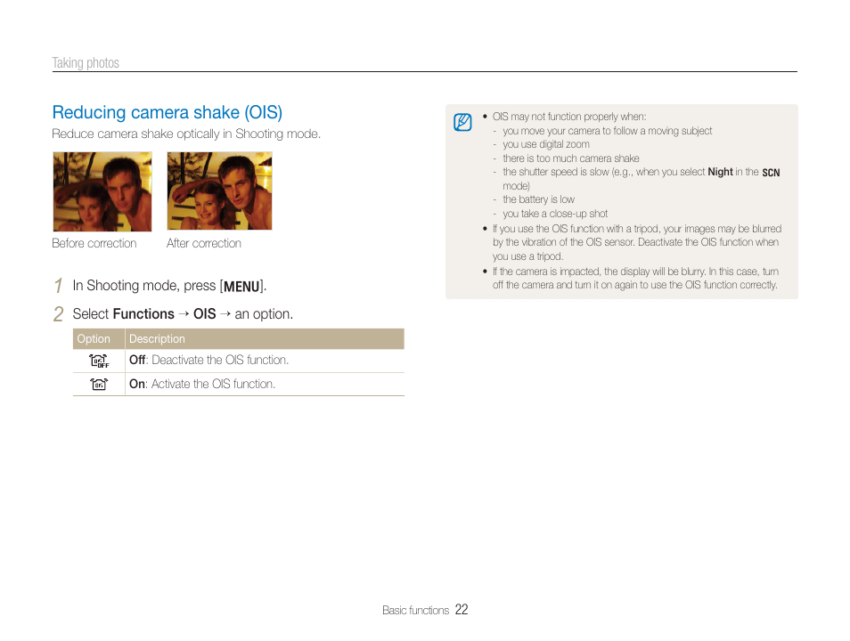 Reducing camera shake (ois), Reducing camera shake (ois) ……………………………… 22 | Samsung TL320 User Manual | Page 23 / 102