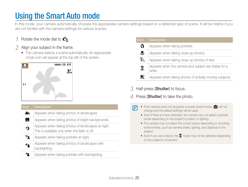 Using the smart auto mode | Samsung TL320 User Manual | Page 27 / 102