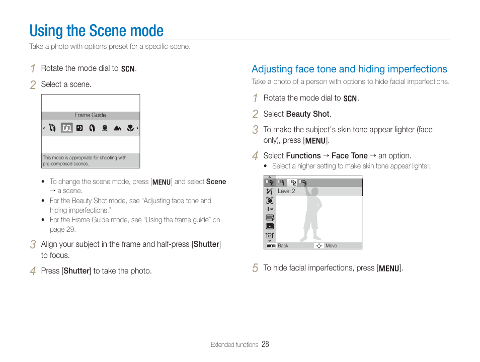Using the scene mode, Adjusting face tone and hiding imperfections | Samsung TL320 User Manual | Page 29 / 102
