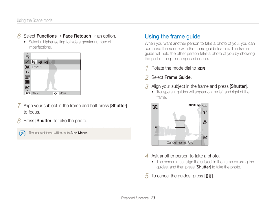 Using the frame guide, Using the frame guide ……………………………………… 29, Using the frame guide” on | Samsung TL320 User Manual | Page 30 / 102