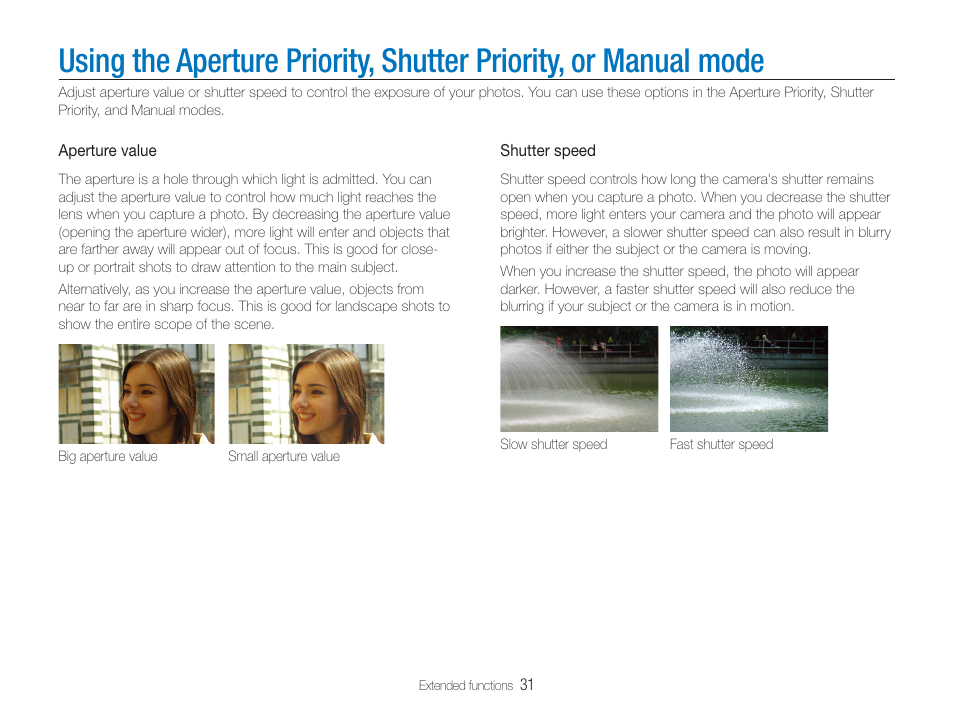 Using the aperture priority, shutter priority, Or manual mode | Samsung TL320 User Manual | Page 32 / 102