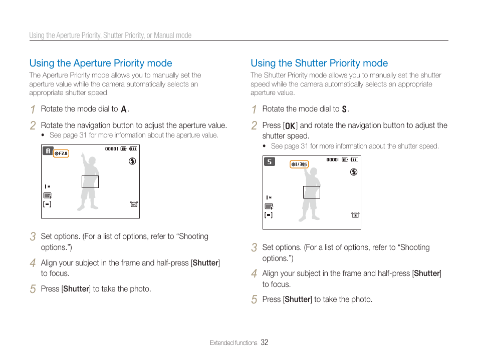 Using the aperture priority mode, Using the shutter priority mode, Using the aperture priority mode ………………………… 32 | Using the shutter priority mode …………………………… 32 | Samsung TL320 User Manual | Page 33 / 102