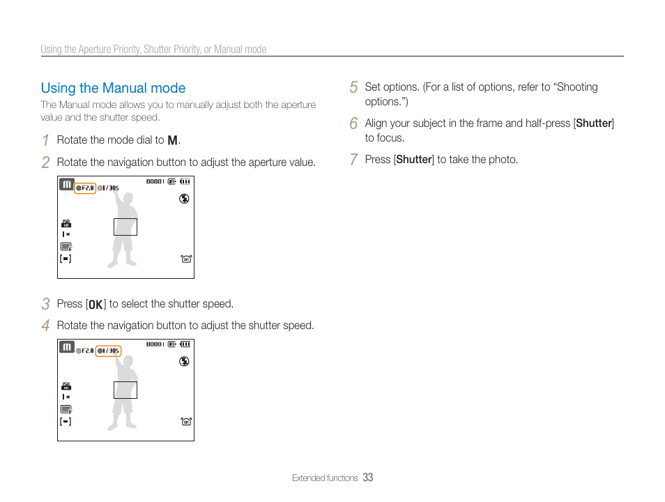 Using the manual mode, Using the manual mode …………………………………… 33 | Samsung TL320 User Manual | Page 34 / 102