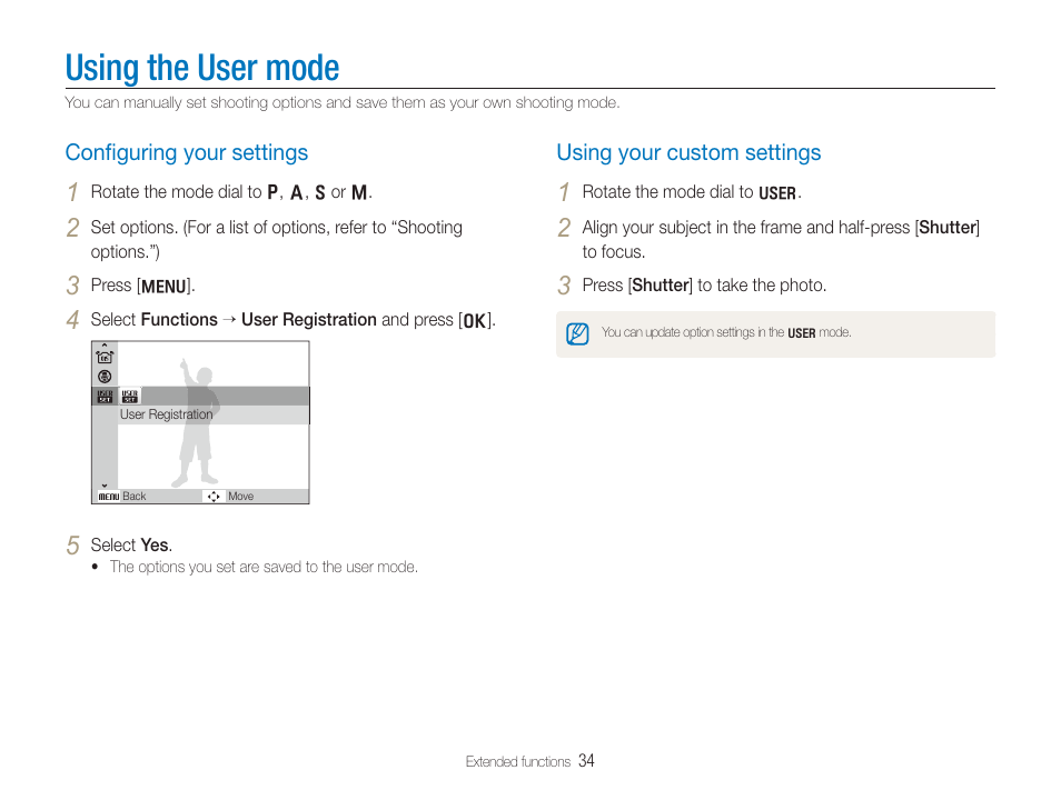 Using the user mode, Configuring your settings, Using your custom settings | Conﬁguring your settings, Conﬁguring your settings …………………………………… 34, Using your custom settings ………………………………… 34 | Samsung TL320 User Manual | Page 35 / 102