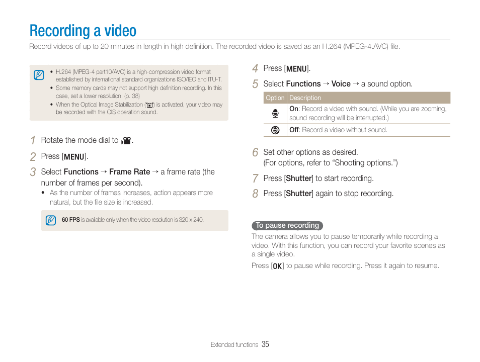 Recording a video | Samsung TL320 User Manual | Page 36 / 102