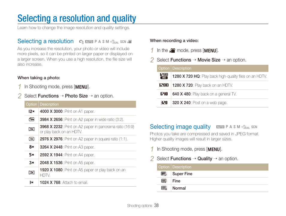 Selecting a resolution and quality, Selecting a resolution, Selecting image quality | Selecting a resolution ………………………… 38, Selecting image quality ………………………… 38 | Samsung TL320 User Manual | Page 39 / 102