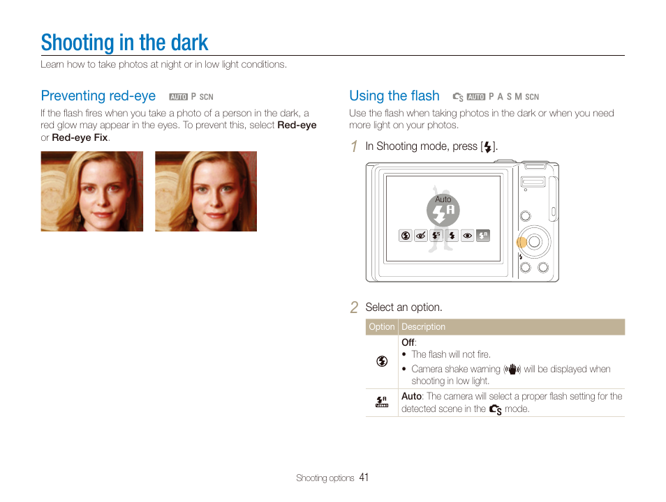 Shooting in the dark, Preventing red-eye, Using the flash | Using the ﬂash, P. 41), Preventing red-eye …………………………… 41, Using the ﬂash ………………………………… 41 | Samsung TL320 User Manual | Page 42 / 102