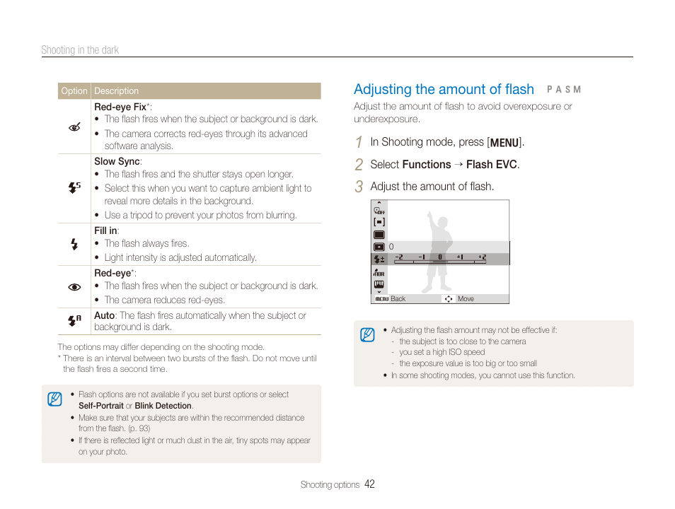 Adjusting the amount of flash, Adjusting the amount of ﬂash, Adjusting the amount of ﬂash ………………… 42 | Samsung TL320 User Manual | Page 43 / 102