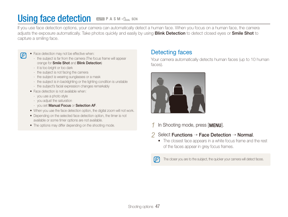 Using face detection, Detecting faces, Detecting faces ………………………………… 47 | Samsung TL320 User Manual | Page 48 / 102