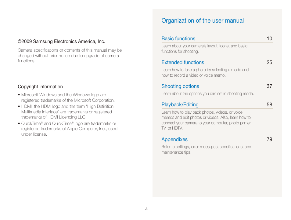 Organization of the user manual | Samsung TL320 User Manual | Page 5 / 102