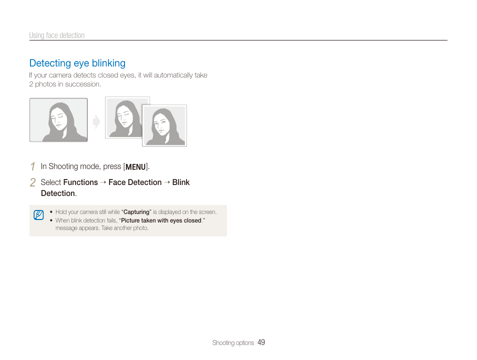 Detecting eye blinking, Detecting eye blinking ………………………… 49 | Samsung TL320 User Manual | Page 50 / 102