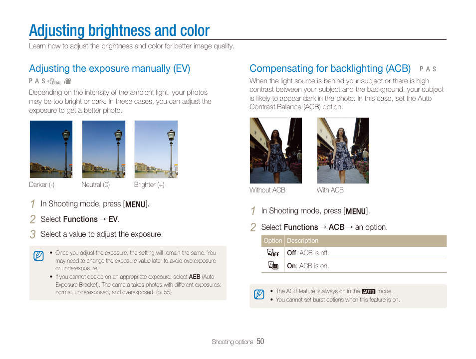 Adjusting brightness and color, Adjusting the exposure manually (ev), Compensating for backlighting (acb) | Adjusting the exposure manually (ev) ………… 50, Compensating for backlighting (acb) ………… 50 | Samsung TL320 User Manual | Page 51 / 102