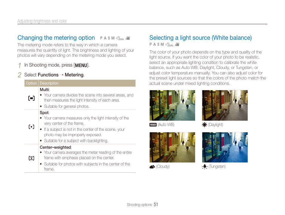 Changing the metering option, Selecting a light source (white balance), Changing the metering option ………………… 51 | Selecting a light source (white balance) ……… 51 | Samsung TL320 User Manual | Page 52 / 102