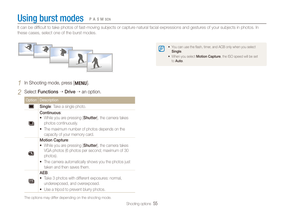 Using burst modes | Samsung TL320 User Manual | Page 56 / 102