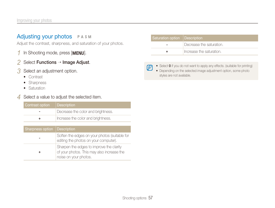 Adjusting your photos, Adjusting your photos ………………………… 57 | Samsung TL320 User Manual | Page 58 / 102