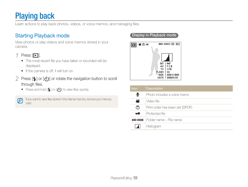 Playing back, Starting playback mode, Starting playback mode …………………………………… 59 | Samsung TL320 User Manual | Page 60 / 102
