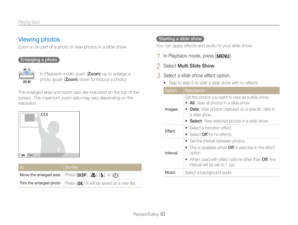Viewing photos, Viewing photos ……………………………………………… 63 | Samsung TL320 User Manual | Page 64 / 102