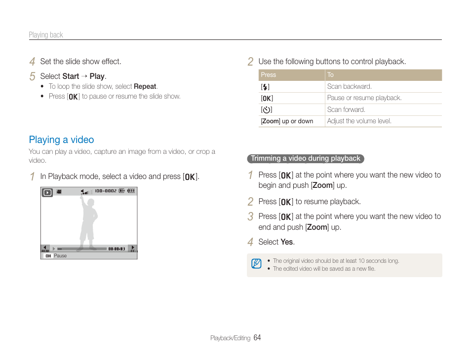 Playing a video, Playing a video ……………………………………………… 64 | Samsung TL320 User Manual | Page 65 / 102