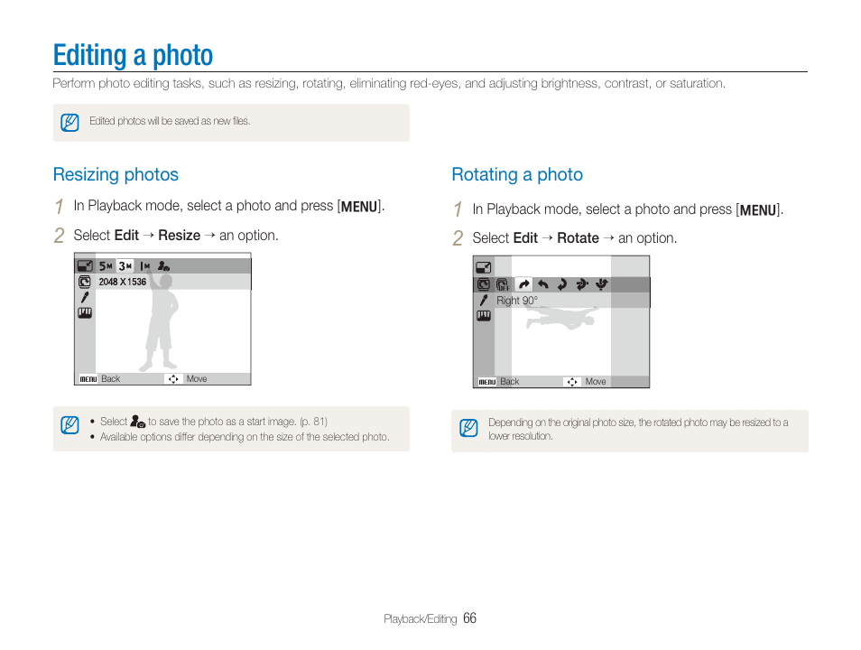 Editing a photo, Resizing photos, Rotating a photo | Resizing photos …………………………………………… 66, Rotating a photo …………………………………………… 66 | Samsung TL320 User Manual | Page 67 / 102