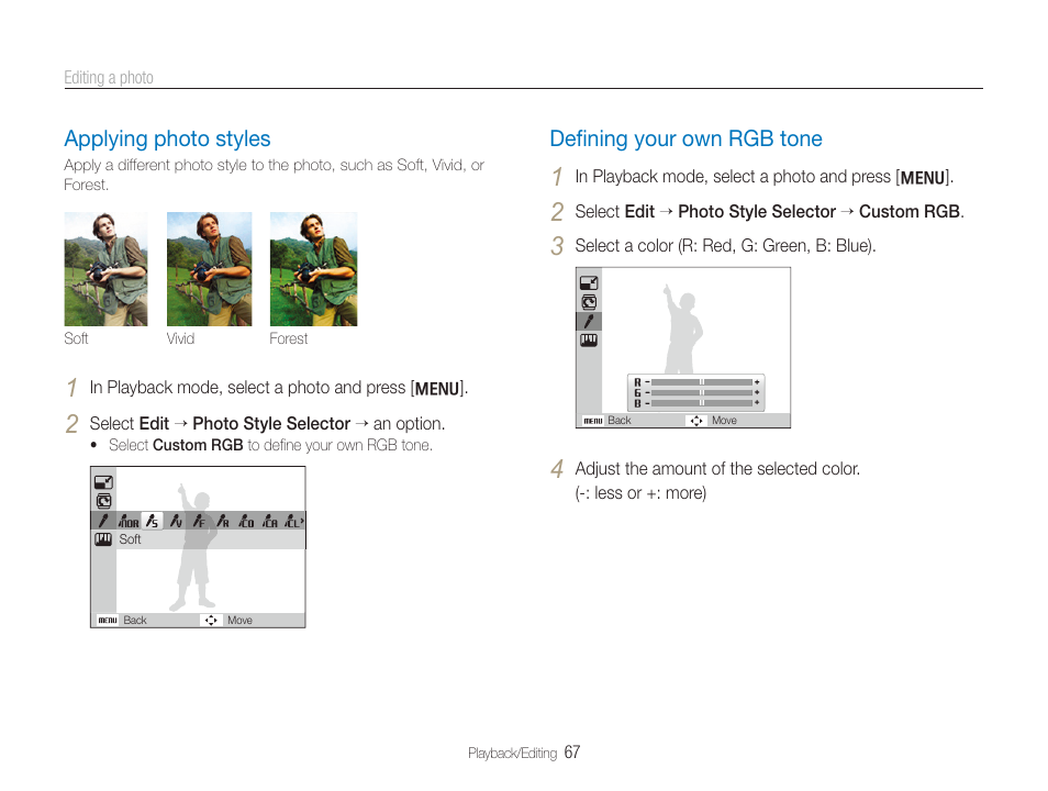 Applying photo styles, Defining your own rgb tone, Deﬁning your own rgb tone | Applying photo styles ……………………………………… 67, Deﬁning your own rgb tone ……………………………… 67 | Samsung TL320 User Manual | Page 68 / 102