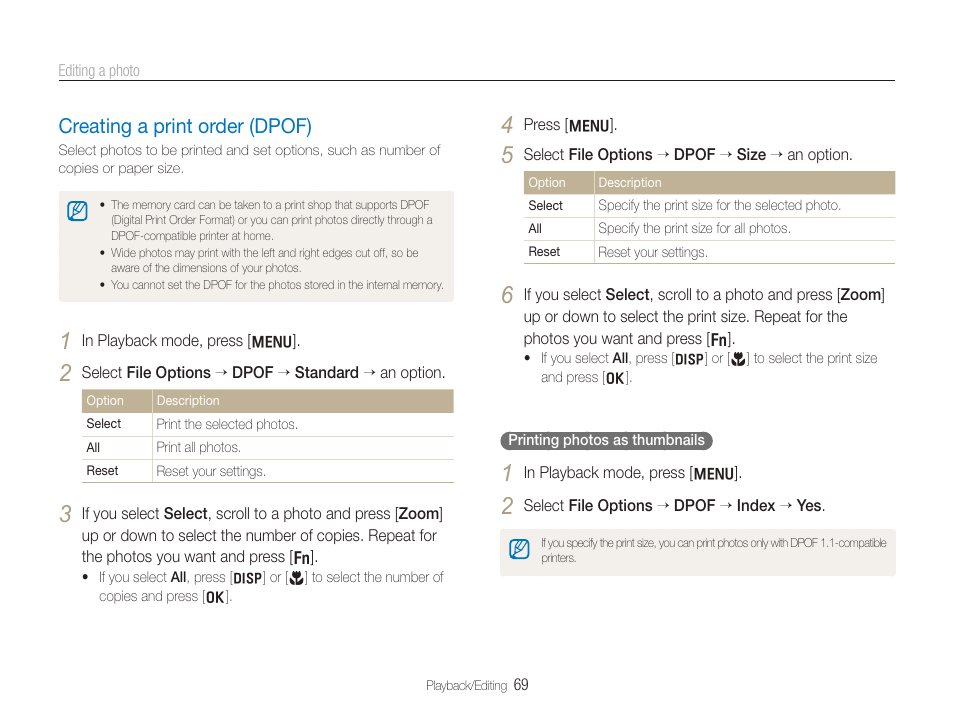 Creating a print order (dpof), Creating a print order (dpof) ……………………………… 69 | Samsung TL320 User Manual | Page 70 / 102